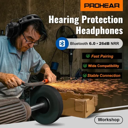 Vista 4 de PROHEAR 039 Bluetooth 6.0 Hearing Protection with 26dB NRR OSHA Approved, Rechargeable 1100mAh Battery for 4 wks Runtime