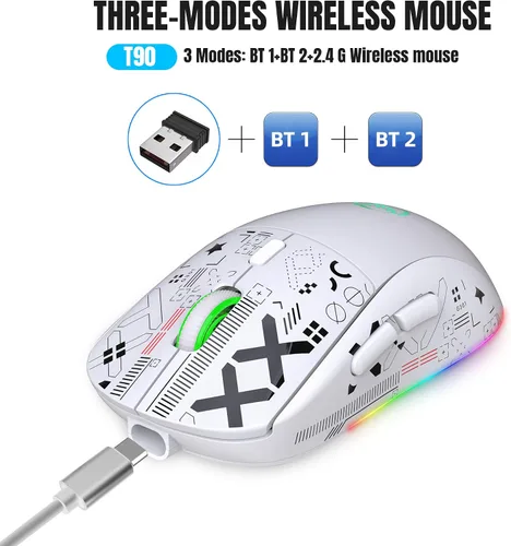 Vista 2 de HXMJ Ratón Bluetooth multidispositivo, mouse inalámbrico recargable para juegos, 3 modos (BT5.0, BT3.0 y USB 2.4GHz), 3600 DPI, retroiluminación RGB