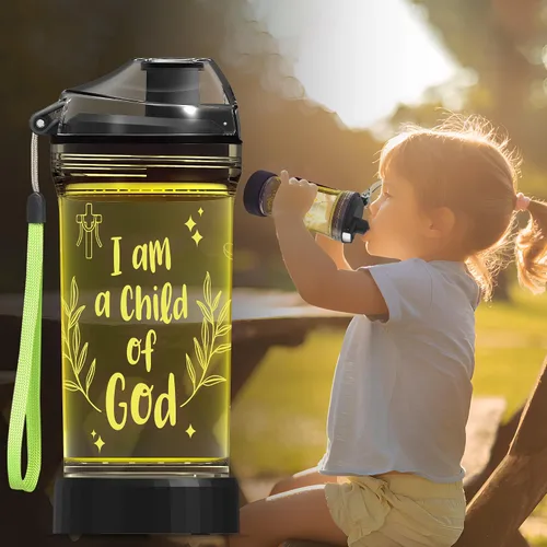 Vista 2 de CoolGift Mart Botella de agua iluminada con diseño "Soy un niño de Dios", taza de bebida de 14 onzas, sin BPA, regalo de bautismo ideal