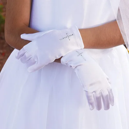 Vista 2 de First Communion Gloves blanco para niña con cruz de diamantes de imitación, talla M, Blanco