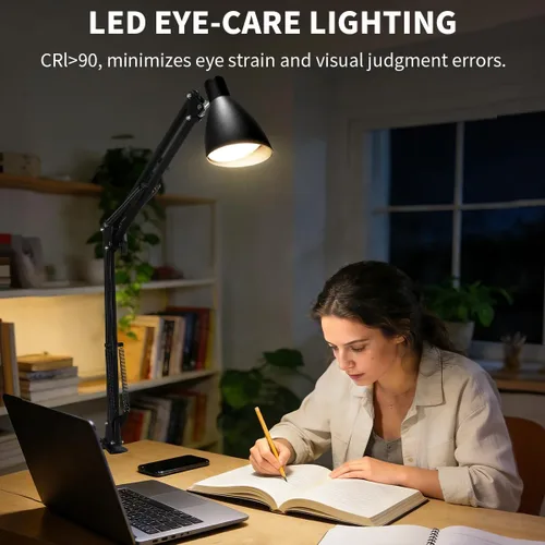 Vista 3 de Lámpara de escritorio con brazo oscilante con abrazadera, brazo ajustable con abrazadera LED en lámparas de escritorio con 5 modos de color y 10
