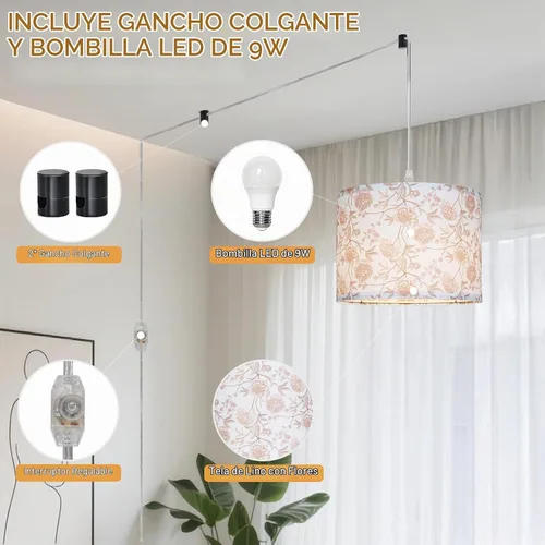 Vista 4 de CINSARY Lámpara colgante con pantalla de tela de flores, luces colgantes para isla de cocina con interruptor regulable, lámpara colgante con cable