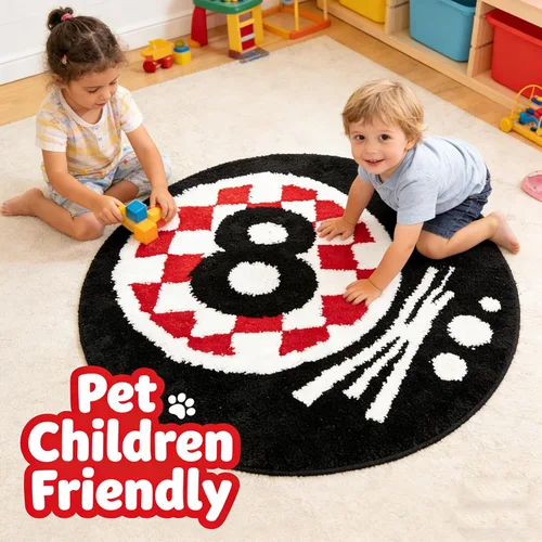 Vista 6 de Alfombra redonda negra de 8 bolas de 32 pulgadas para el hogar, alfombra de ocho bolas, alfombra de baño antideslizante para ducha, bonita alfombra