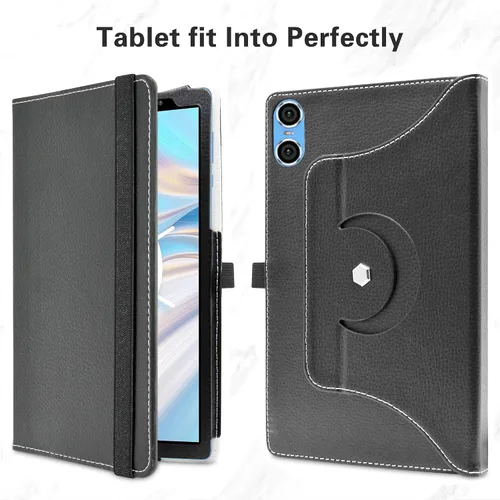 Vista 4 de Bige para tabletas TECLAST P26T/Vortex T10M Pro Plus de 10.1", soporte giratorio de 360 grados con cubierta de bonito patrón, color negro