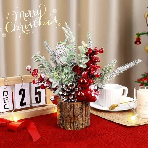 Vista 6 de Pequeño árbol de Navidad de mesa artificial, mini decoraciones de árbol de Navidad con adornos navideños, bayas rojas, piñas, vegetación para hogar