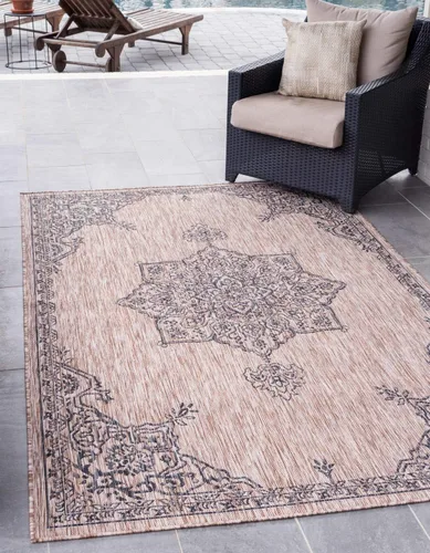 Vista 29 de Unique Loom Alfombra de la colección tradicional para exteriores, antigua (4 pies 1 pulgada, redonda, verde azulado/gris)
