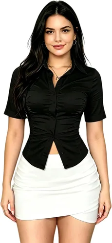 Vista 10 de Camisa sexy de manga larga ajustada con cuello de fila y cintura plisada con botón para camisa de mujer