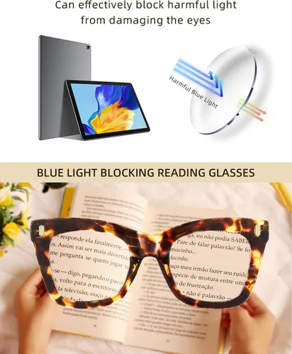 Vista 9 de JM - Paquete de 4 anteojos de lectura sobredimensionados para mujeres, estilo ojo de gato a la moda, estilo Oprah, con bloqueo de luz azul, anteojos