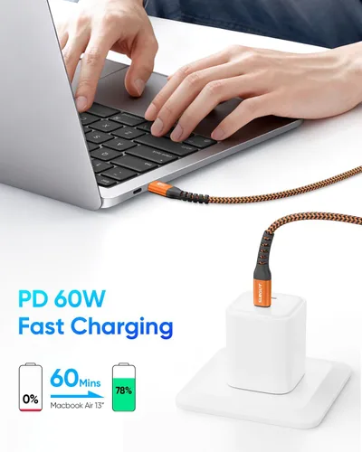 Vista 2 de SUNGUY Cable corto USB C a USB C de 1 pie [paquete de 2] de carga rápida de 60 W Naranja