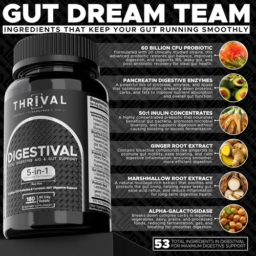 Vista 3 de Fórmula digestiva 5 en 1 para la salud intestinal: probióticos, prebióticos, enzimas, curación intestinal y alivio de la hinchazón con 53
