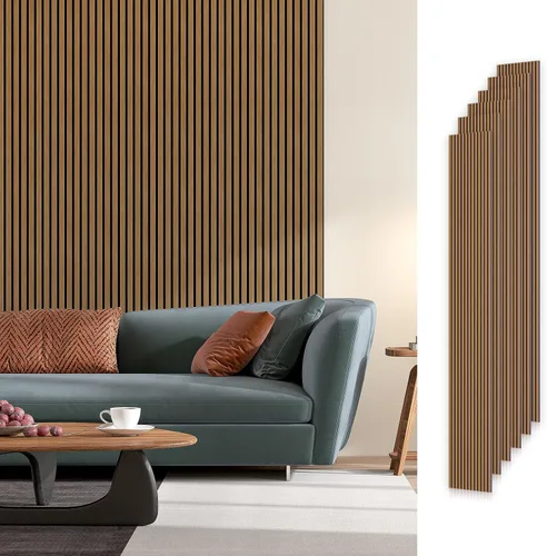 Vista 13 de SMARTSTANDARD Paneles de pared acústicos de muestra en madera, panel de pared insonorizado, panelado de listones de madera estriado en 3D para Roble