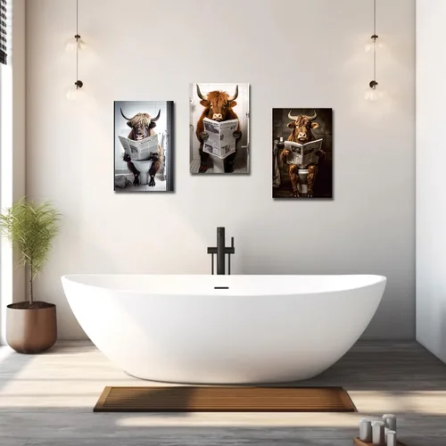 Vista 4 de LZIMU 3 impresiones en lienzo de vaca de las tierras altas – Divertidas imágenes de animales de baño – enmarcado (11 x 14 pulgadas, 3 piezas)