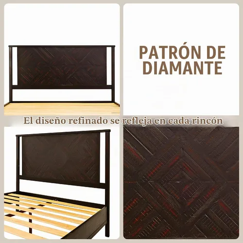 Vista 4 de Bme Ethan - Base de cama Queen con cabecera de diamante, moderna de mediados de siglo, madera de acacia maciza, no necesita somier, se adapta a