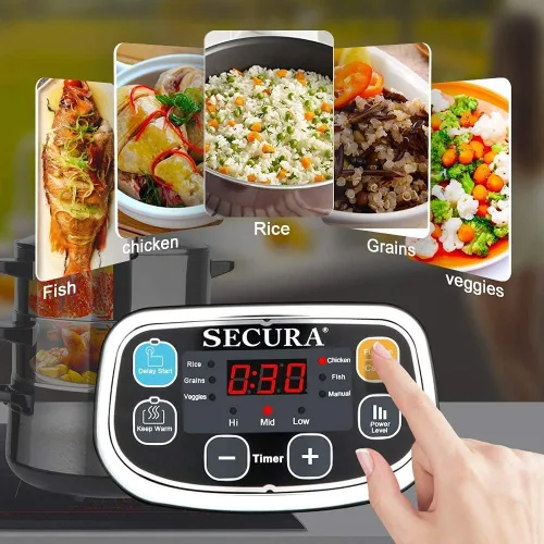 Vista 6 de Secura Vaporizador eléctrico de alimentos, cestas apilables de doble nivel con temporizador, 1200 W, calentamiento rápido, acero inoxidable