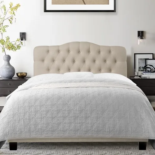 Vista 15 de Rosevera Carlisle Marco de cama con cabecera ajustable con botones para dormitorio, tapizado de lino, soporte de listones de madera, fácil montaje