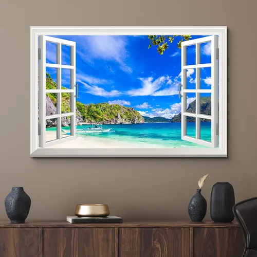 Vista 2 de wall26 Lienzo impreso para pared, vista de ventana a barco y playa tropical, isla de naturaleza, desierto, fotografía, realismo, paisaje rústico