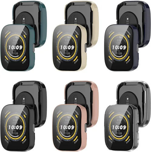 Vista 4 de RuenTech Protector de pantalla compatible con Amazfit Bip 5, funda protectora de policarbonato impermeable, película de vidrio templado HD integrada