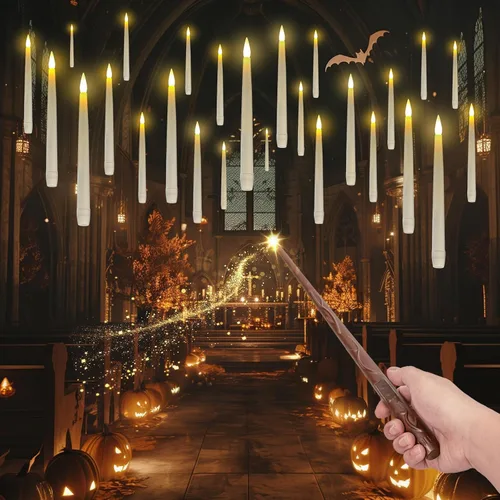 Vista 9 de Homemory 10 velas flotantes con control remoto de varita, velas colgantes mágicas con temporizador, luz cálida parpadeante para decoraciones
