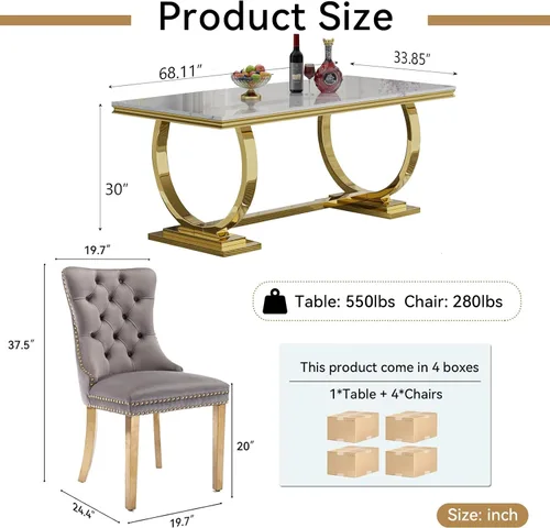 Vista 5 de HomVent - Juego de mesa de comedor de mármol sintético dorado de 68 pulgadas con 4 sillas de terciopelo gris Modern Dinner Table Set for 4,Faux