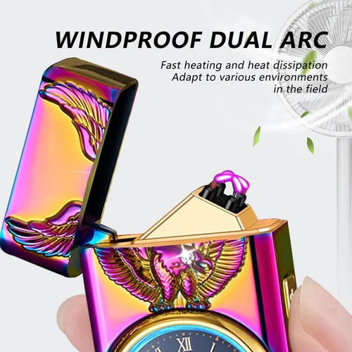Vista 2 de BABOBIU Encendedor eléctrico recargable a prueba de viento USB con esfera de reloj y diseño de águila sin llama para camping, oficina en casa