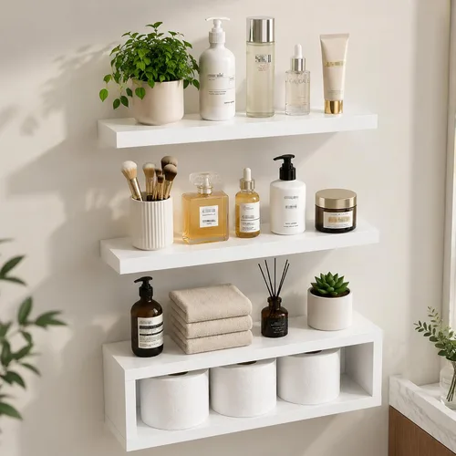 Vista 9 de RANK Estantes de baño sobre el inodoro, estantes flotantes montados en la pared, almacenamiento de papel higiénico, estante pequeño de decoración