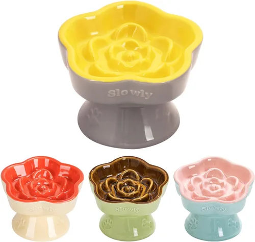 Vista 10 de S&Q's CERAMICS Cuenco elevado de alimentación lenta para gatos, cuenco elevado de cerámica para comida para mascotas para perros pequeños, comedero