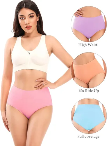 Vista 2 de POKARLA Ropa interior de algodón para mujer, cintura alta, cobertura completa, suaves, transpirables, bragas para mujer, paquete de 5