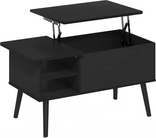 Vista 5 de Furinno Jensen - Mesa auxiliar de madera con parte superior elevadora de patas con compartimento oculto y estante lateral abierto para sala