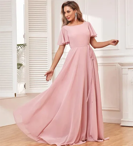 Vista 3 de Vestidos de dama de honor de manga corta para mujer, vestido formal de fiesta de noche