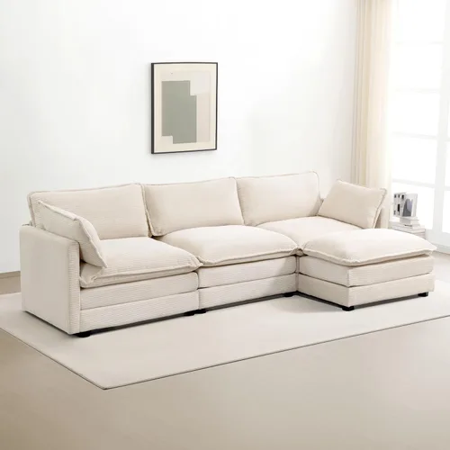 Vista 28 de ROWHY Sillón individual con otomano, sofá moderno de corduroy en forma de nube con chaise convertible, sofá tapizado para sala de estar, beige