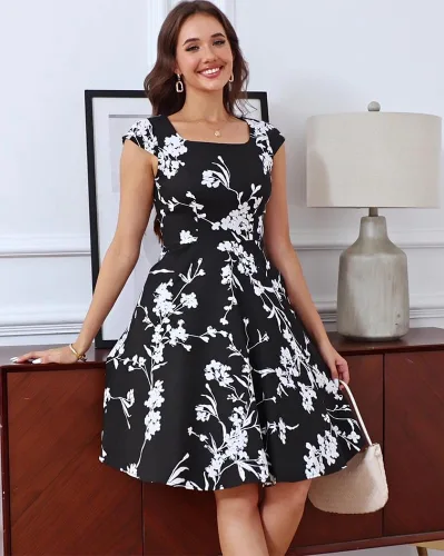 Vista 3 de PUKAVT - Vestido de cóctel para mujer, diseño con manga casquillo, vestido de fiesta de estilo retro acampanado de los años 1950, con bolsillos