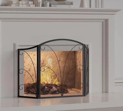 Vista 8 de Kingson - Pantalla para chimenea de 3 paneles con arco decorativo, hecha a mano, de hierro forjado con espiral, cubierta protectora contra chispas