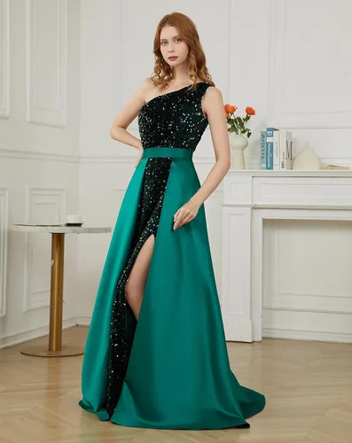 Vista 8 de Vestidos de fiesta de lentejuelas de un hombro 2024, vestidos largos de satén para mujer, vestidos de noche formales de sirena brillante con abertura