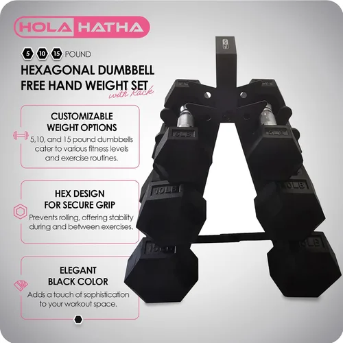 Vista 2 de HolaHatha Hexagonal Dumbbell Free Hand Weight Set w/Rack Negro