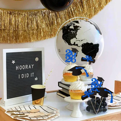 Vista 6 de Decoración para cupcakes de graduación con purpurina azul 2026, selecciones de alimentos/aperitivos, suministros de fiesta de graduación de 2026