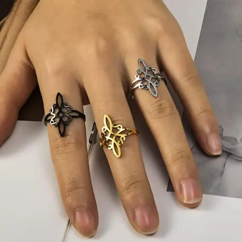 Vista 5 de Anillo de nudo de bruja para mujer, de acero inoxidable, ajustable, anillo de nudo de amor celta, anillo de nudo de brujas cuaternarias, amuleto
