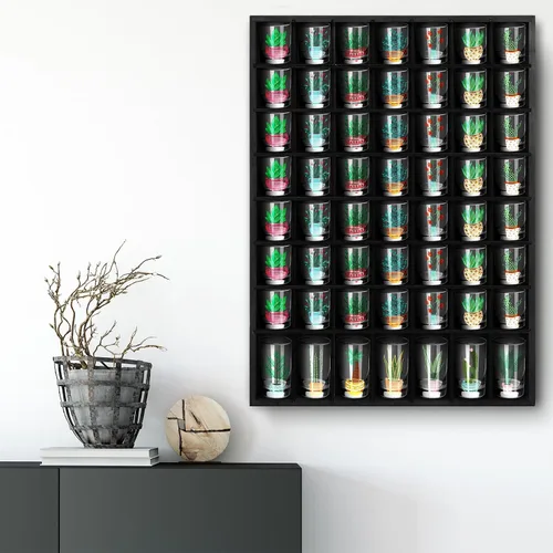 Vista 5 de Barydat Vitrina de vidrio de chupito de madera, 56 compartimentos, armario de bar rústico montado en la pared (negro, 1 unidad)