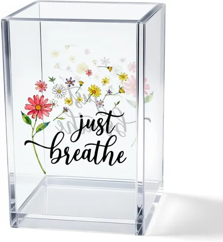 Vista 8 de Just breathe - Paquete de 2 portalápices cosméticos de acrílico tipo vaso, organizador de brochas de maquillaje inspirador Hope, regalos de fe