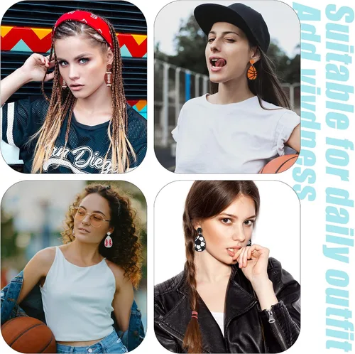 Vista 5 de 4 pares de aretes de fútbol con cuentas, balón de fútbol, baloncesto, fútbol, béisbol, deportes, aretes colgantes para mujeres, juego deportivo