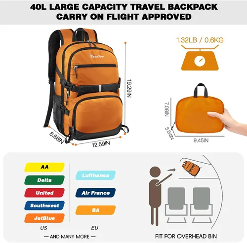 Vista 3 de Seektop Mochila de senderismo plegable de 40 L para mujeres y hombres, mochila de viaje ligera y plegable aprobada para vuelos al aire libre