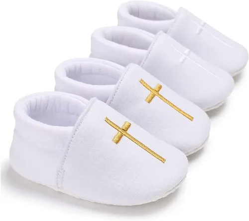 Vista 7 de KESICI Zapatos de bautismo para bebés niños y niñas, zapatos de bautizo blancos para recién nacidos con cruz bordada para bebés niños y niñas