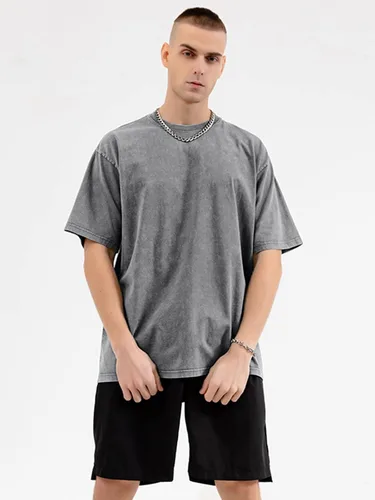 Vista 2 de Camisetas de algodón para hombre, de gran tamaño, unisex, de manga corta, casual, holgada, de lavado, unicolor, básicas