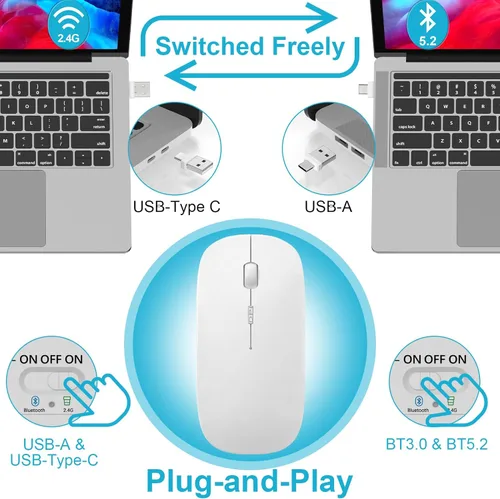 Vista 3 de Mouse para MacBook Mouse inalámbrico Bluetooth portátil MacBook Air Mac Pro recargable silencioso PC iPad ratón óptico con interruptor de modo dual