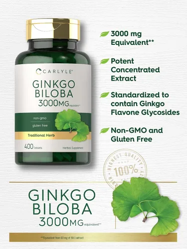 Vista 4 de Carlyle Ginkgo Biloba 3000mg 400 tabletas Suplemento herbario sin OMG, sin gluten
