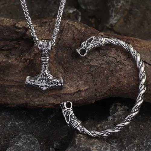 Vista 4 de GuoShuang Collar con colgante vikingo y pulsera para hombre, juego de joyería para hombre, collar Mjolnir de 24 pulgadas, collar y pulsera