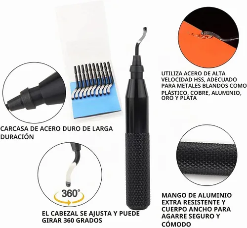 Vista 4 de Juego de herramientas de desbarbado manual, práctico para cortar desbarbas de madera, plástico, aluminio, cobre y acero (negro, 10 unidades)