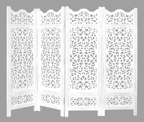 Vista 11 de Panel de pantalla de madera para divisor de habitación, blanco, plegable de 4 paneles de 64 x 48 pulgadas, tallado a mano, separador de privacidad