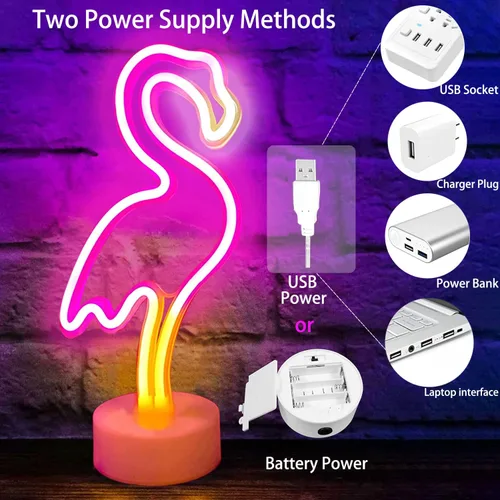 Vista 2 de YSMNDE Letrero de neón de flamenco, letrero de luz LED rosa para decoración de habitación de niñas, luces nocturnas de funcionamiento USB/batería