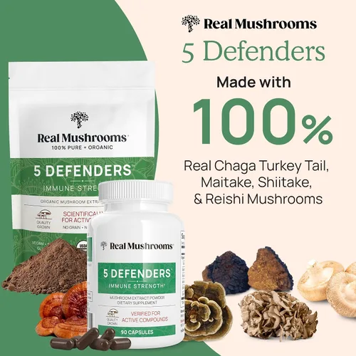 Vista 2 de Real Mushrooms Ergotioneína (60 unidades) y 5 defensores (200 unidades) con cola de pavo, shiitake, reishi, chaga, maitake, ostra - Longevidad