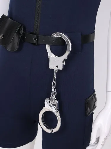 Vista 7 de Uniforme de policía de policía para mujer, disfraz de Halloween con cinturón, bolso, sombrero, puños